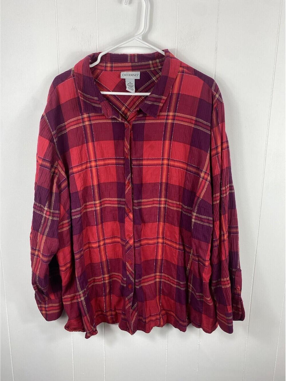 Cataherines Shirt Womens 3X Plus Button Down Plaid Red Metallic Lagenlook